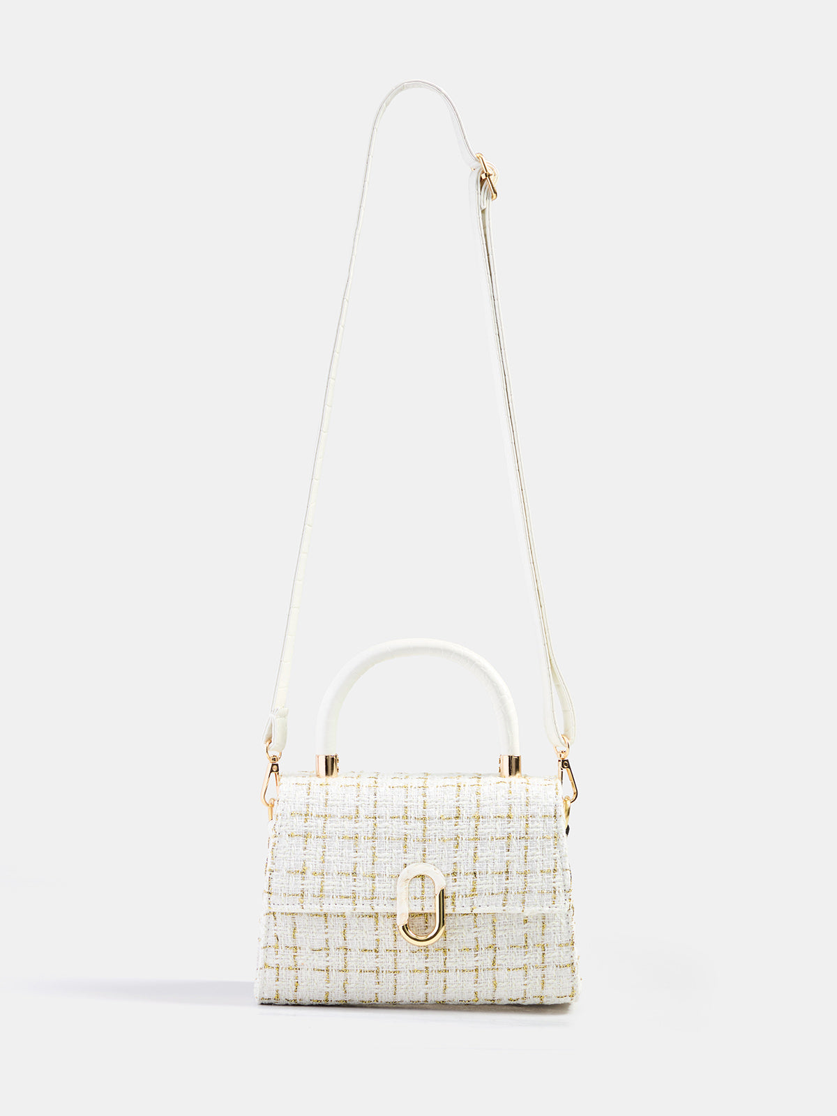 Beige Tweed Plaid Top Handle Handbag