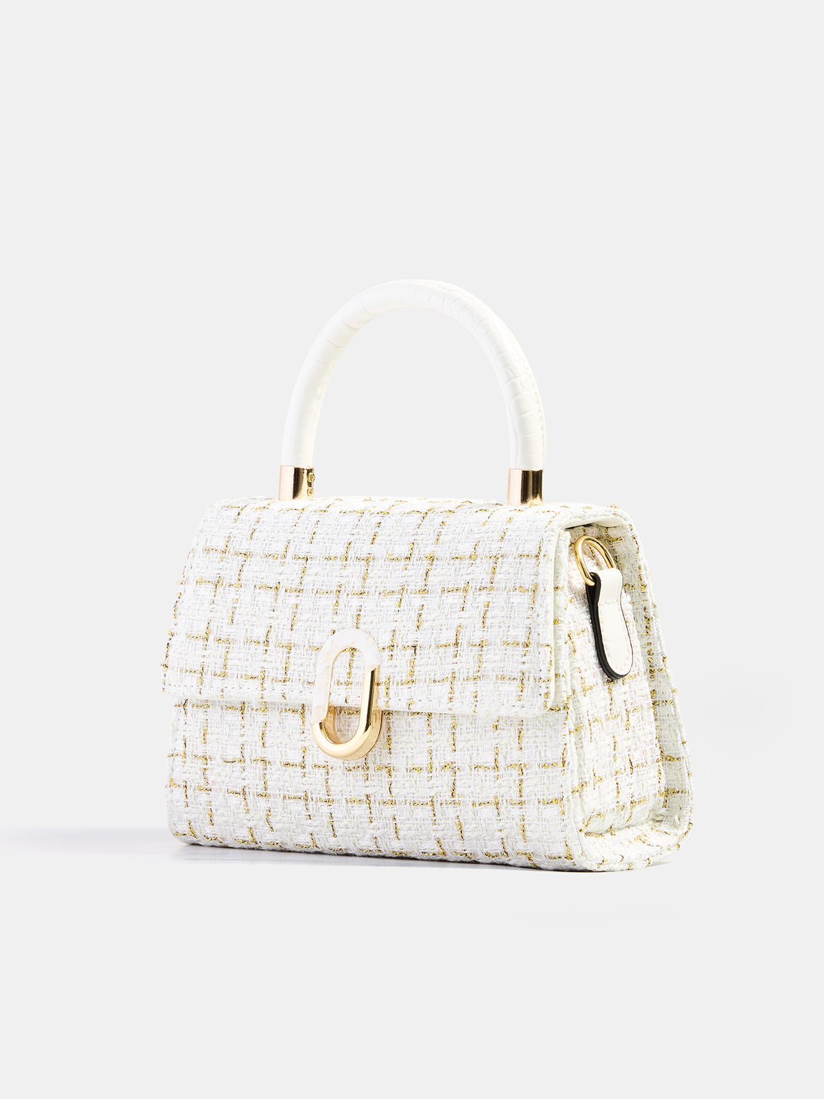 Beige Tweed Plaid Top Handle Handbag