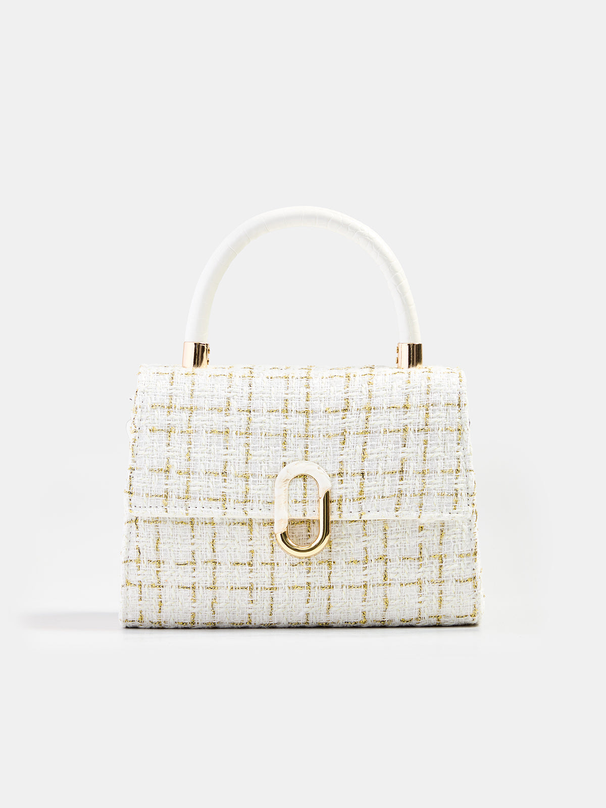 Beige Tweed Plaid Top Handle Handbag