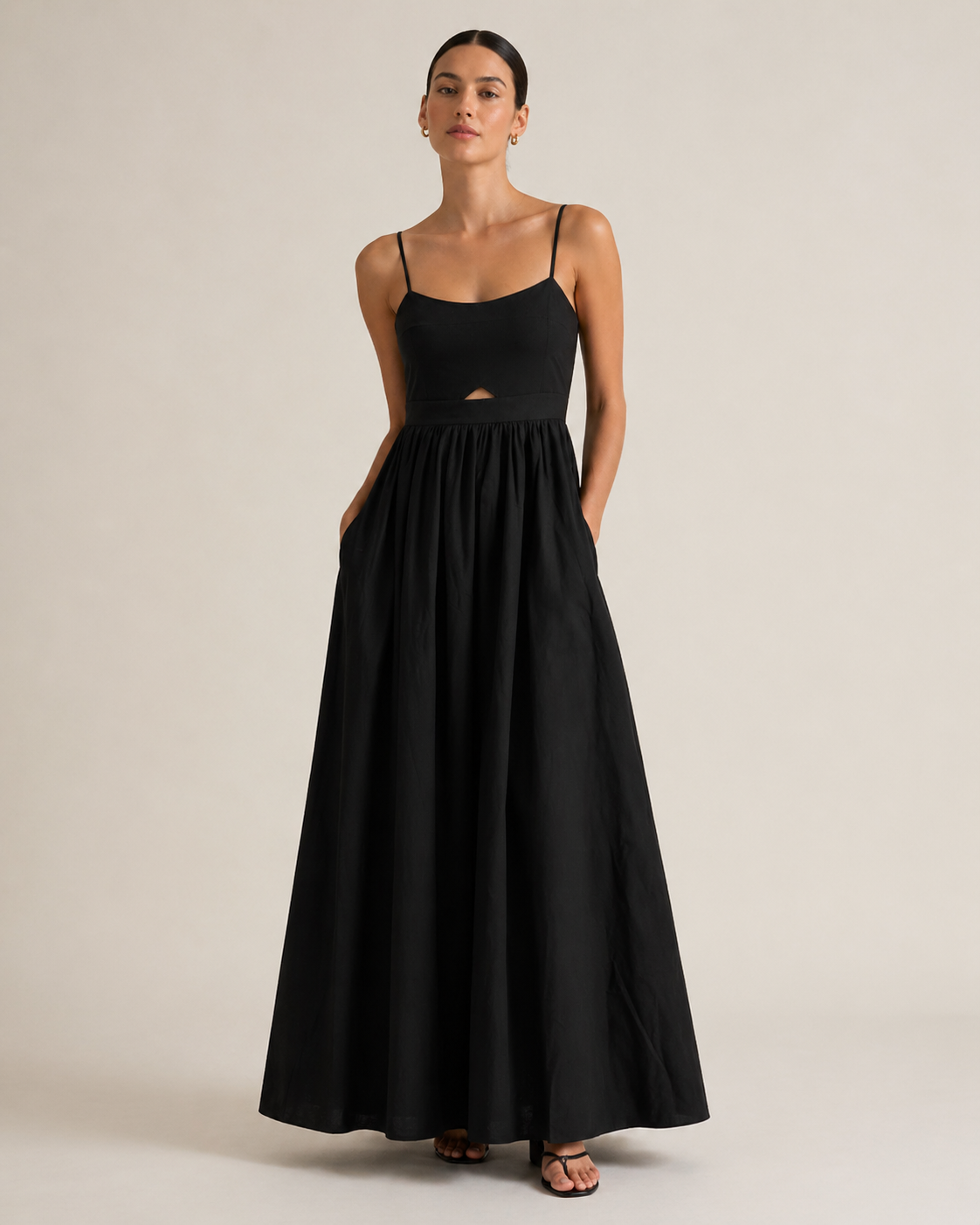 Black Cotton Sweetheart Neck Maxi Dress with Pockets