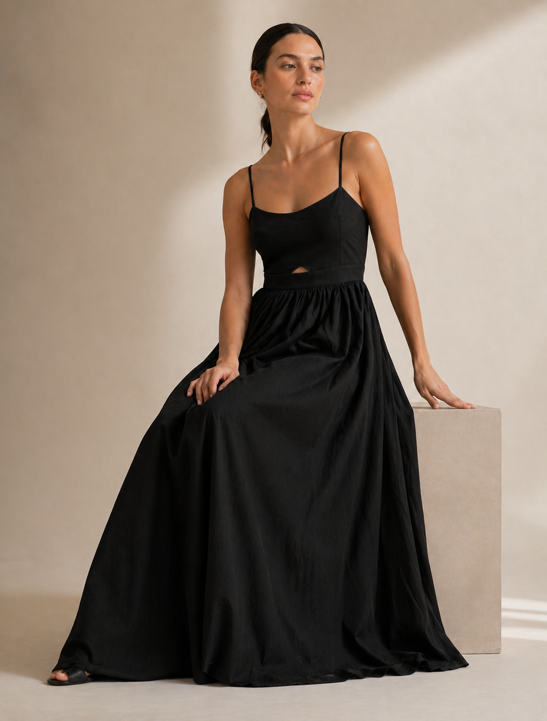 Black Cotton Sweetheart Neck Maxi Dress with Pockets