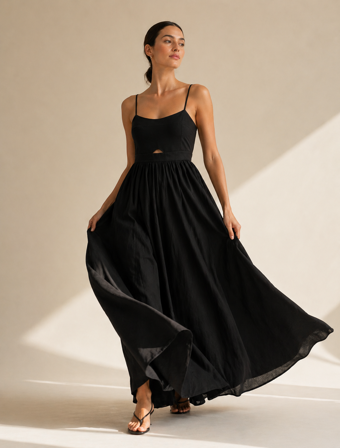 Black Cotton Sweetheart Neck Maxi Dress with Pockets