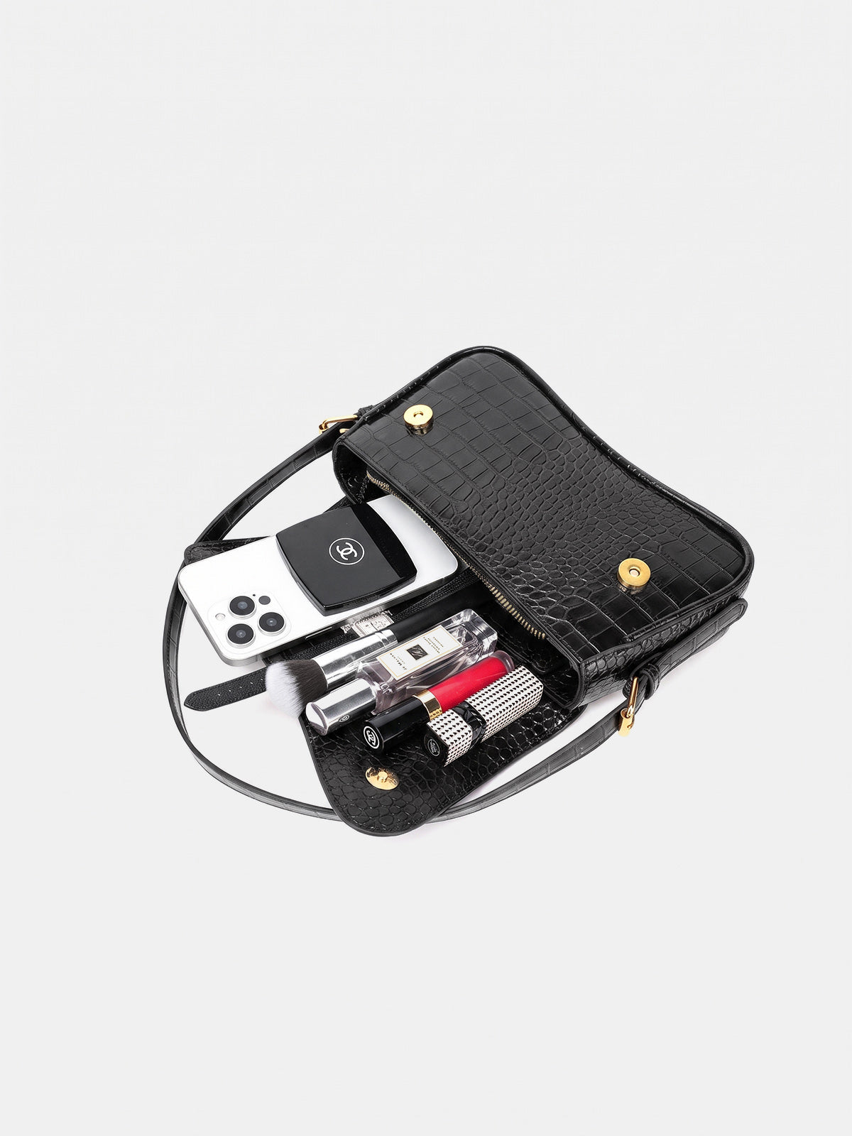 Black Croc Embossed Shoulder Bag