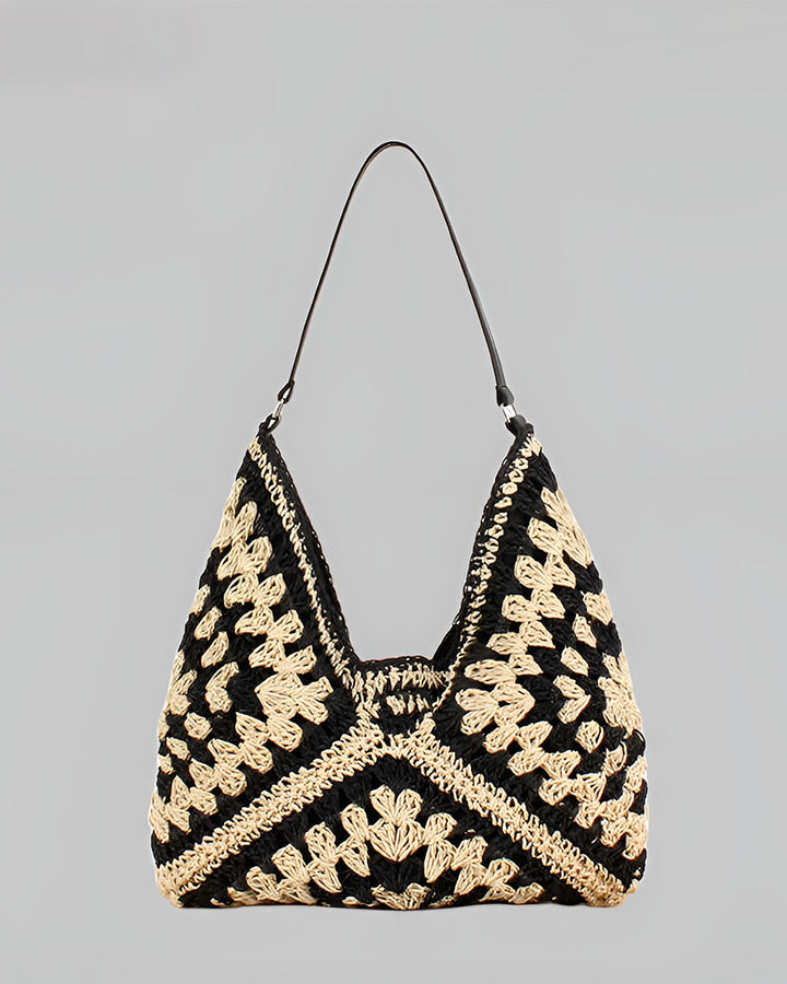Black Crochet Macrame Straw Shoulder Bag