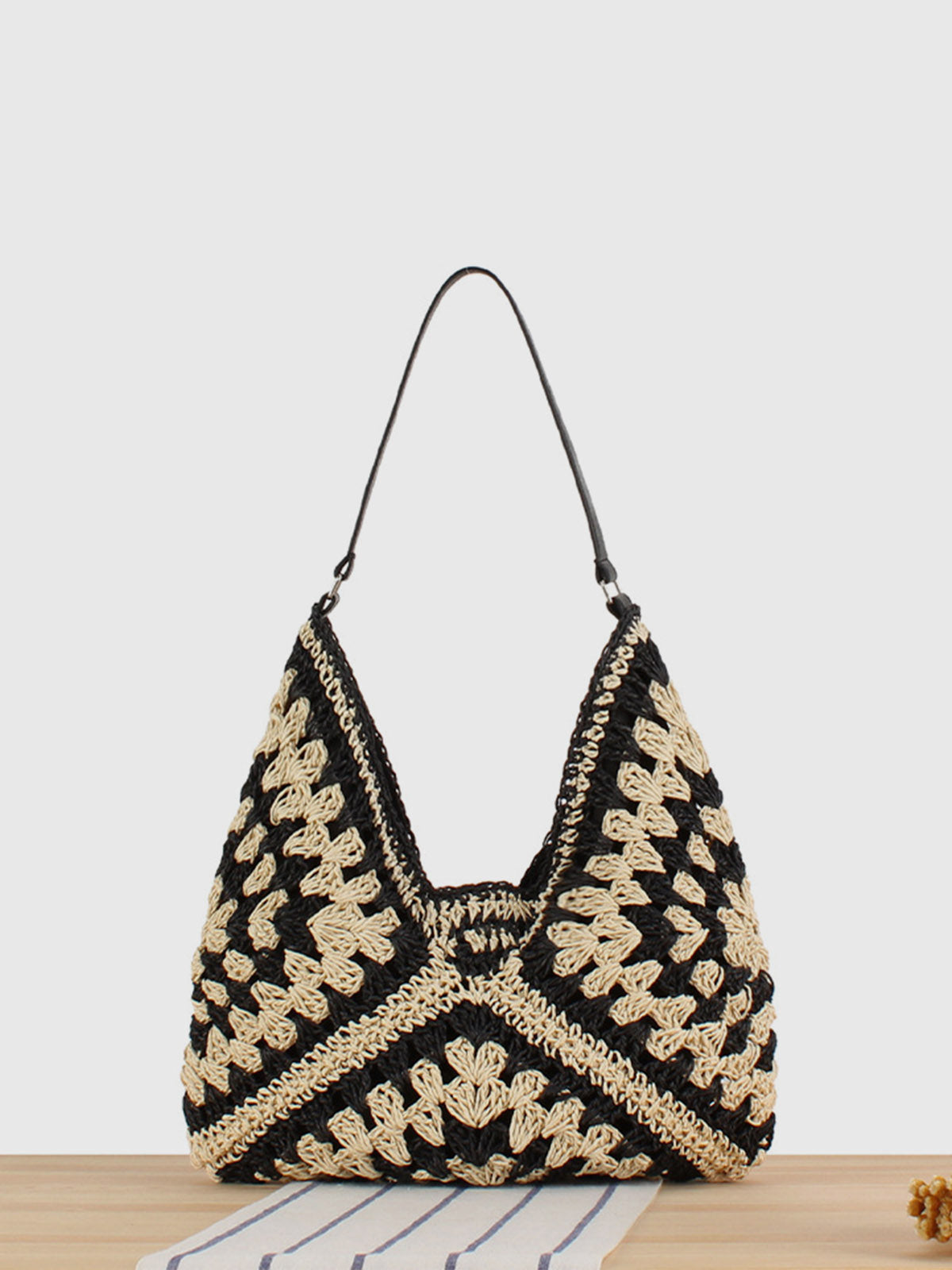 Black Crochet Macrame Straw Shoulder Bag