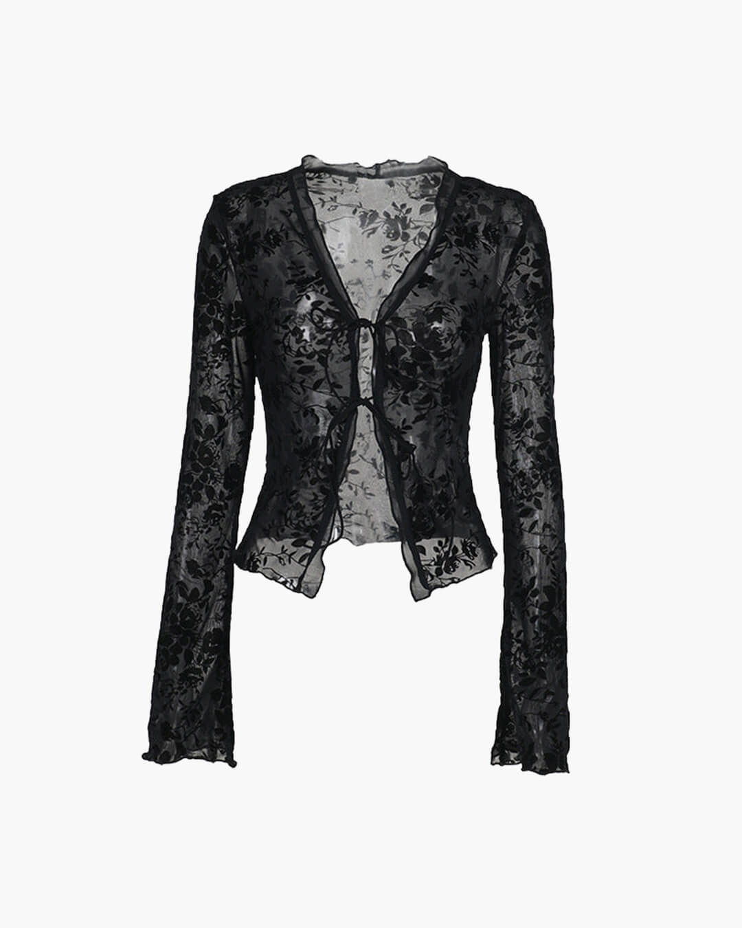 Black Floral Lace Tie Front Blouse