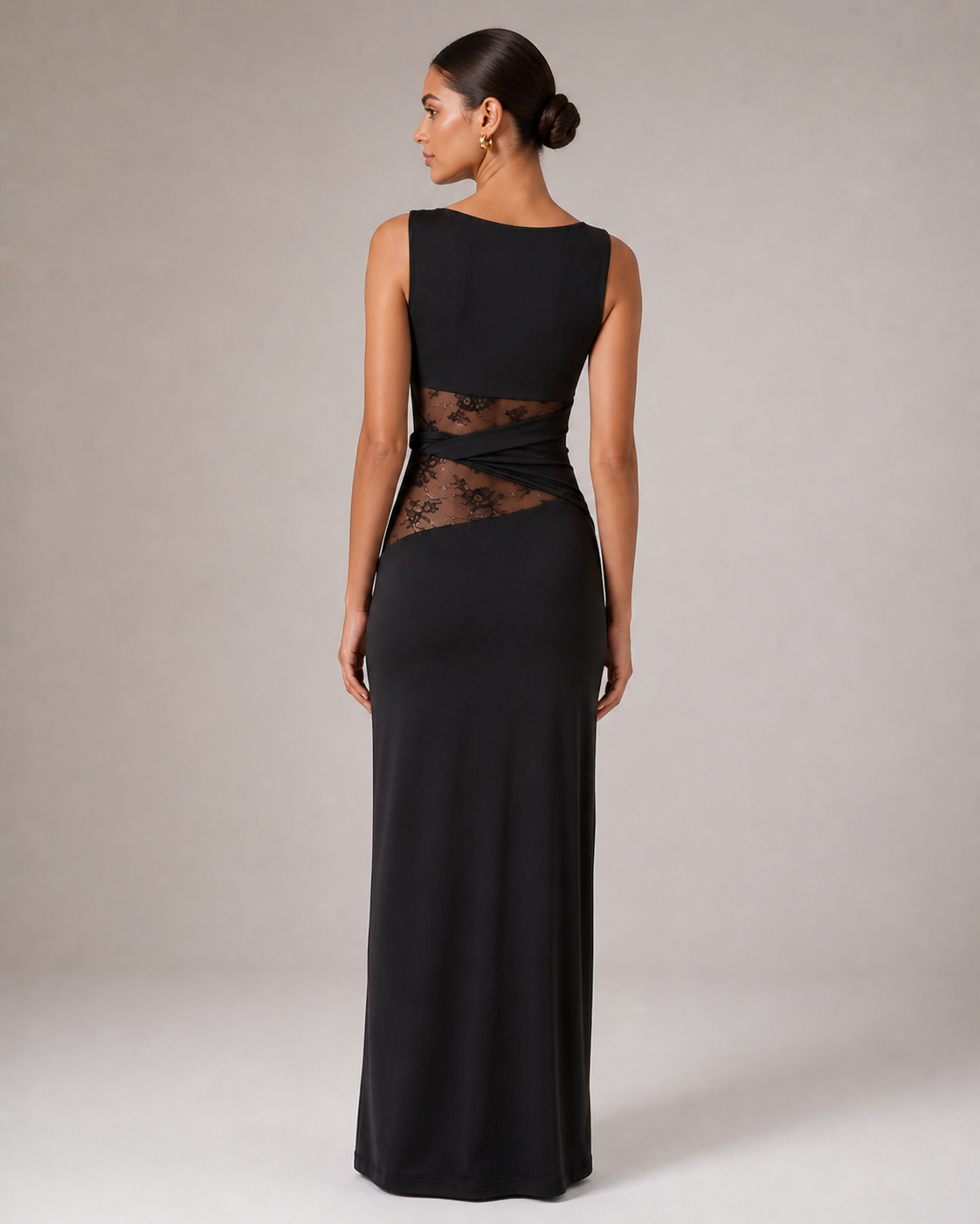 Black Jersey Maxi Dress with Lace Waist and Twisted Detail
