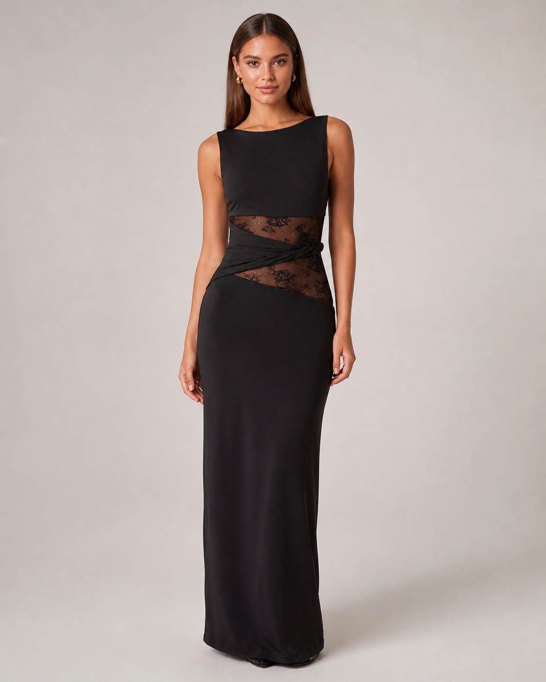 Black Jersey Maxi Dress with Lace Waist and Twisted Detail
