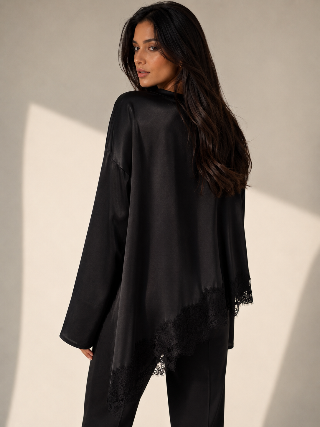Black Lace Trim Long Sleeve Blouse with Asymmetric Hem