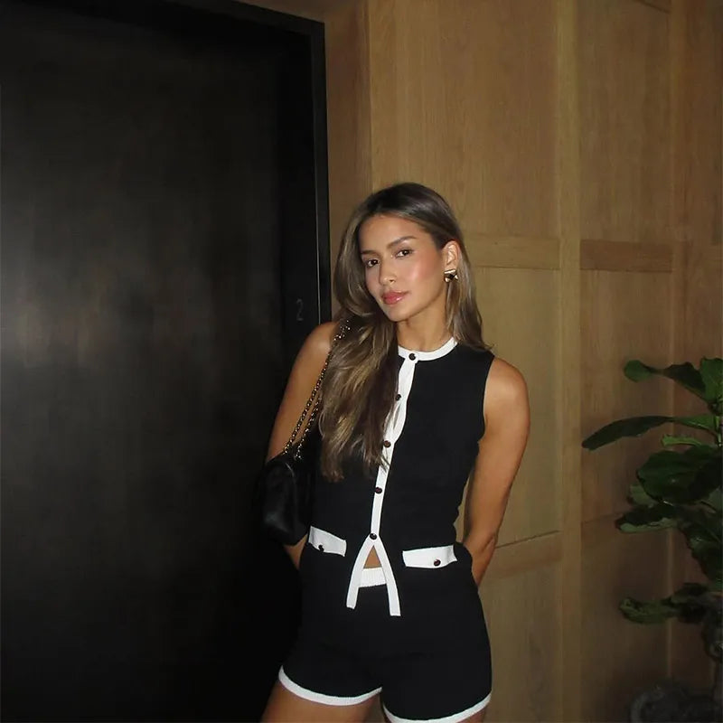 Black Lace-Up V-Neck Top and Knit Shorts Set