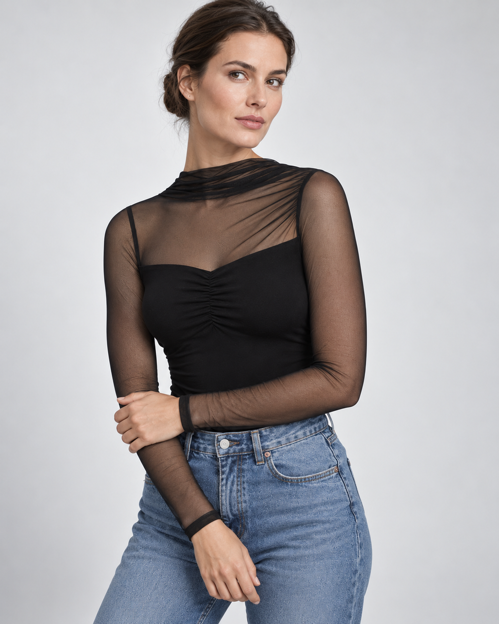 Black Long Sleeve Mesh Panel Ruched Bodysuit