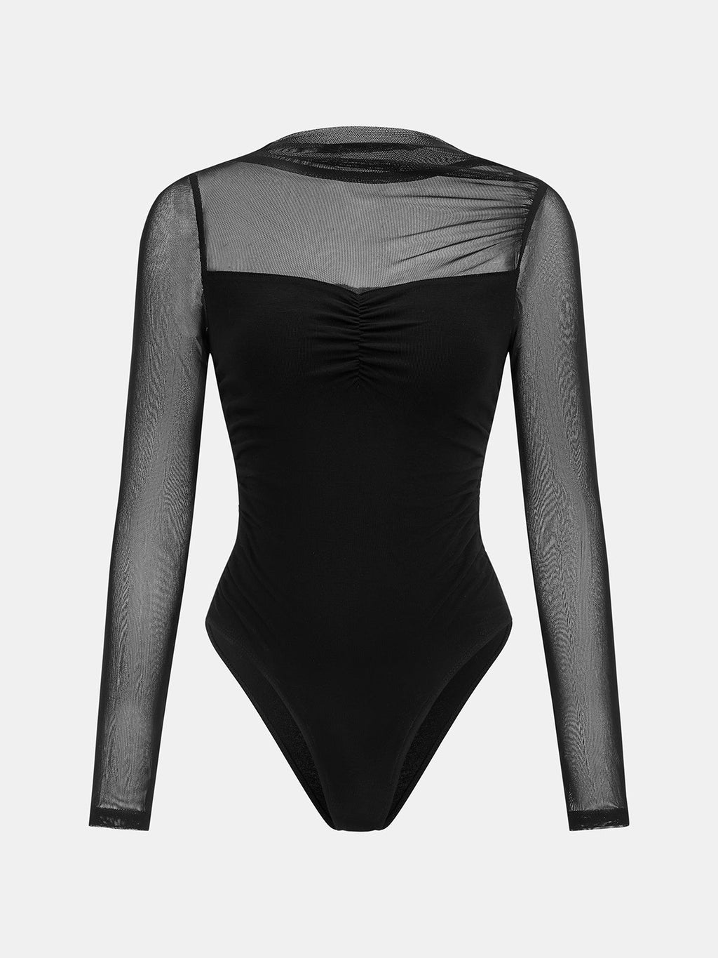 Black Long Sleeve Mesh Panel Ruched Bodysuit