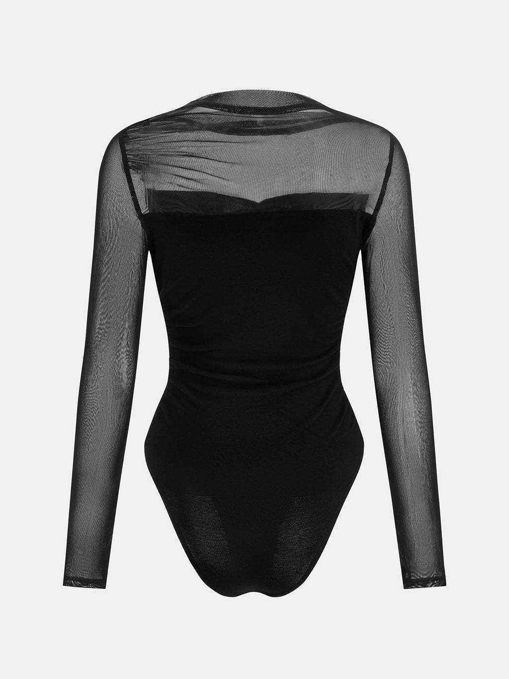 Black Long Sleeve Mesh Panel Ruched Bodysuit