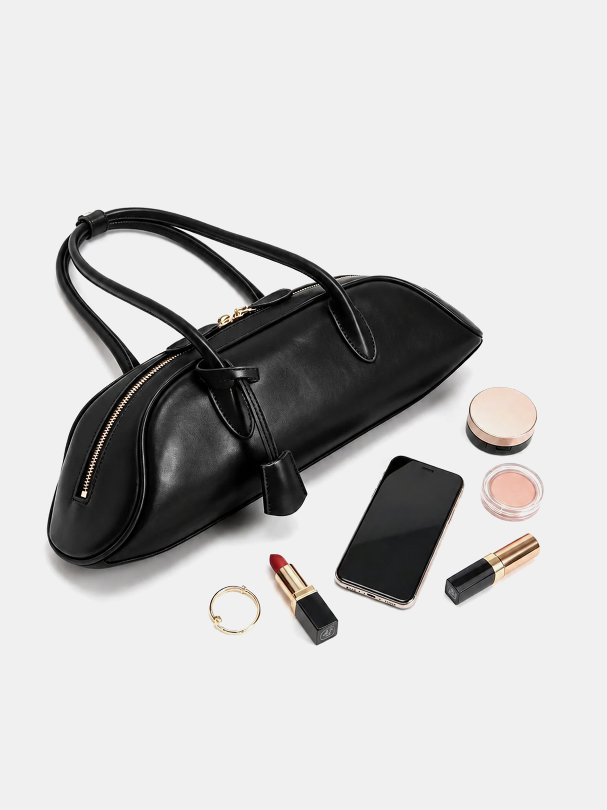 Black Minimalist Curved Zip Top Handbag