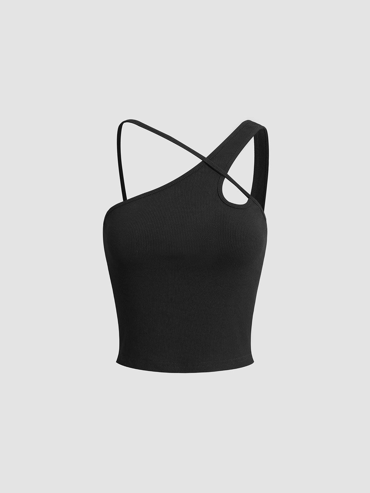 Black Ribbed Asymmetric Crossover Halter Tank
