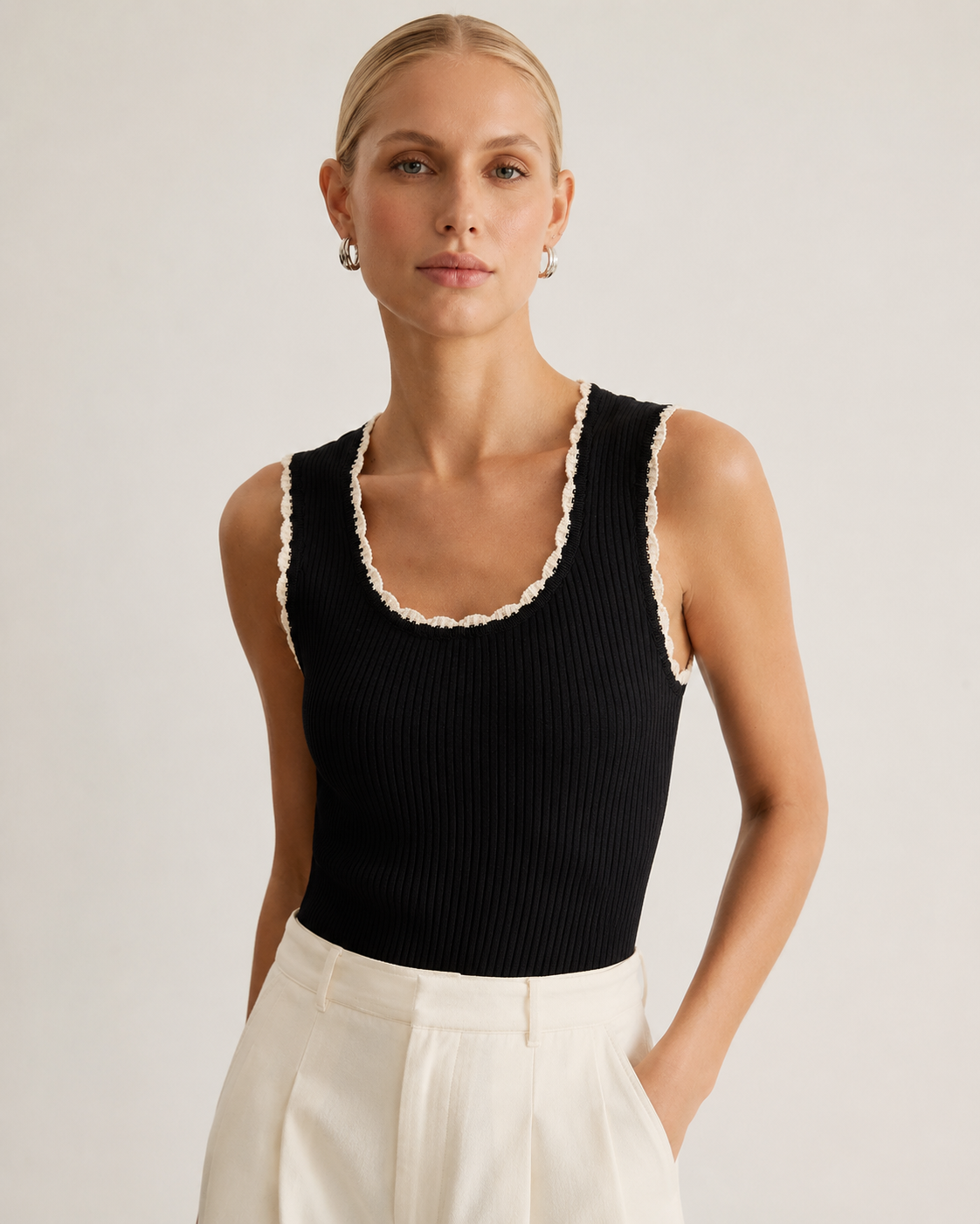 Black Ribbed Scallop Trim Tank Top