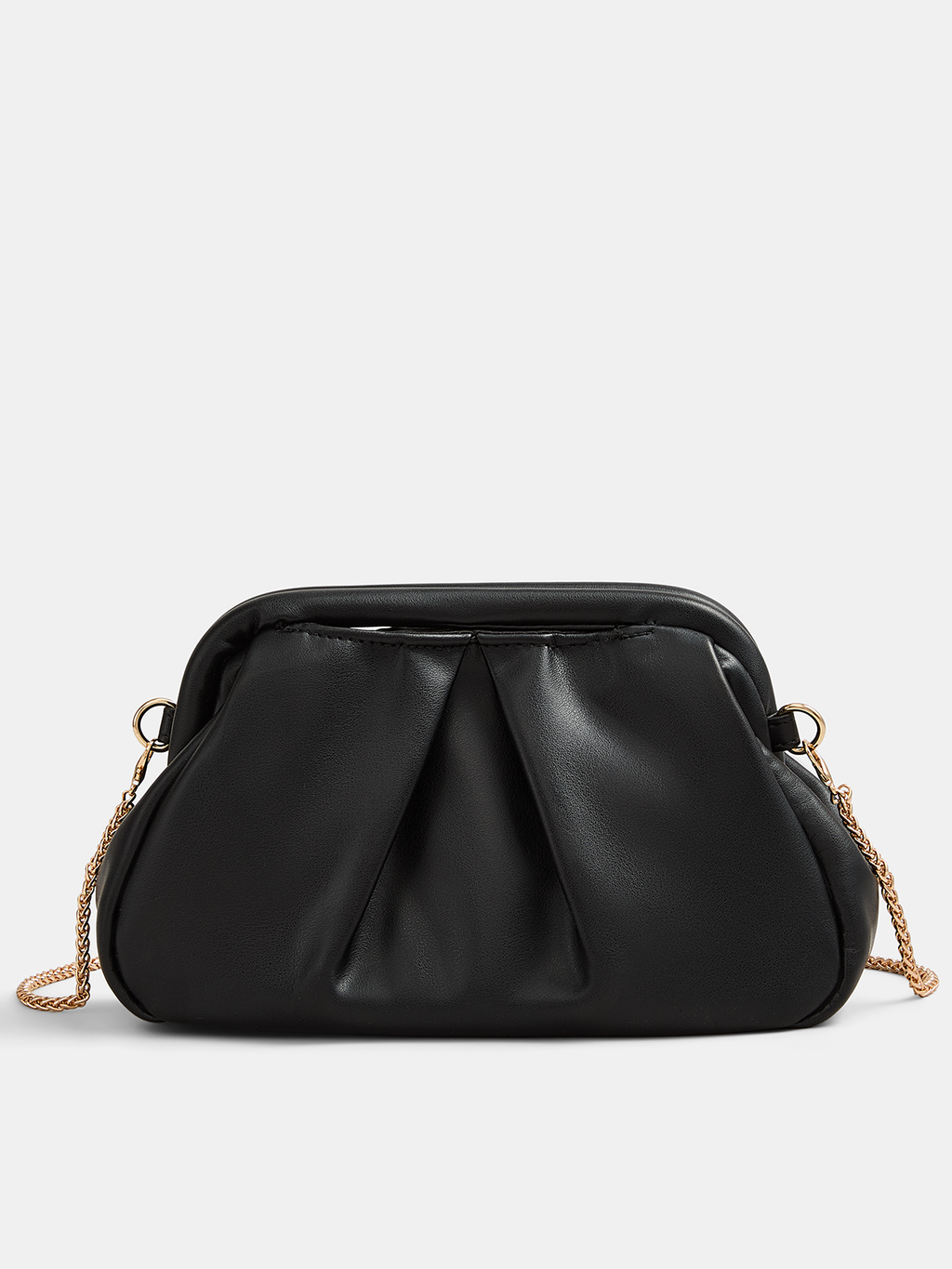 Black Ruched Handbag with Chain Strap and Top Handle