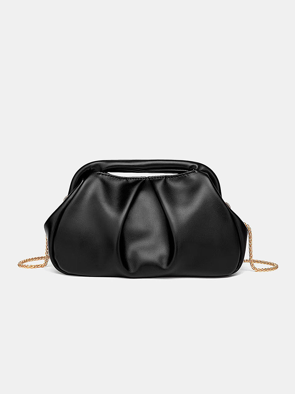 Black Ruched Handbag with Chain Strap and Top Handle