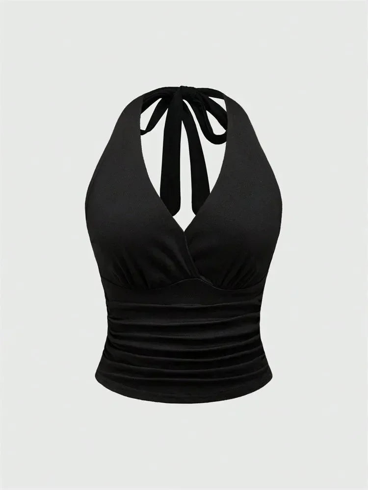 Black Ruched V-Neck Halter Crop Top with Open Back
