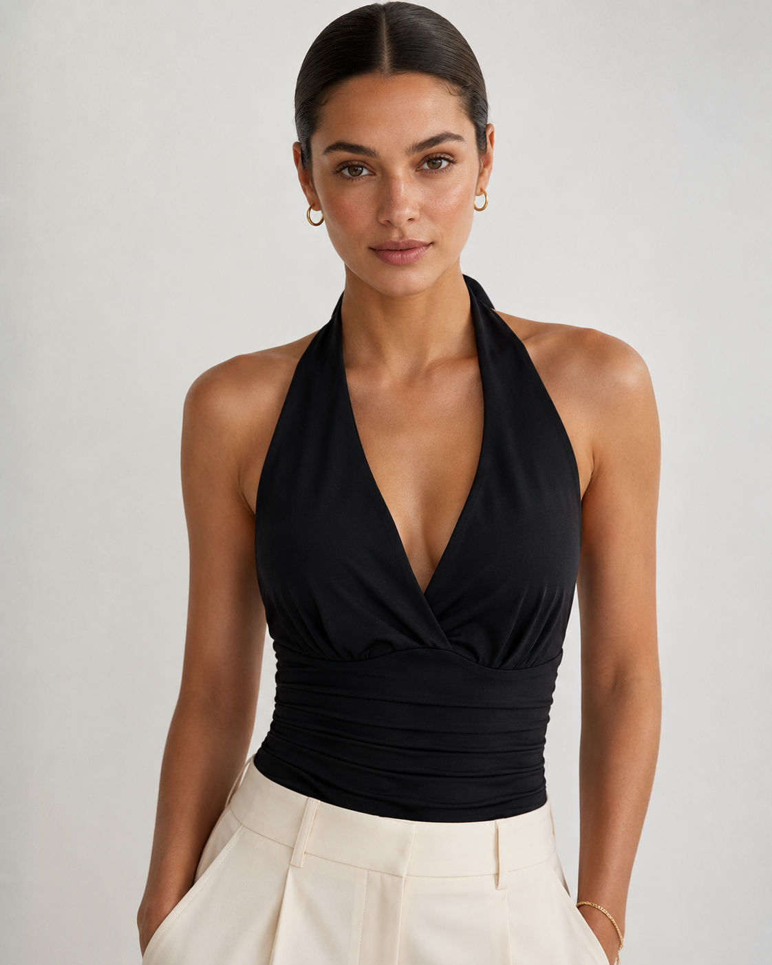 Black Ruched V-Neck Halter Crop Top with Open Back