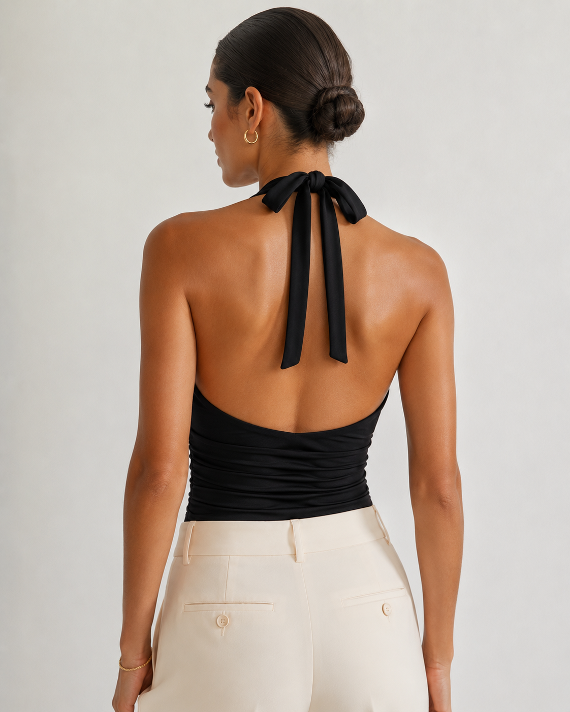 Black Ruched V-Neck Halter Crop Top with Open Back