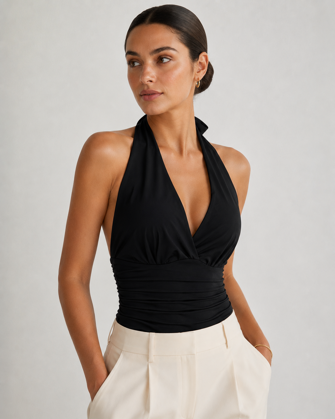 Black Ruched V-Neck Halter Crop Top with Open Back