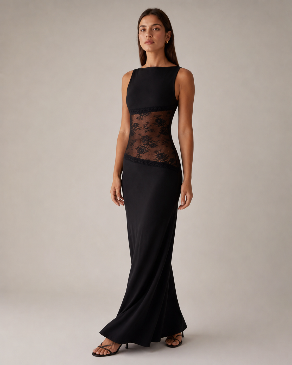 Black Stretch Jersey Maxi Dress with Lace Waist