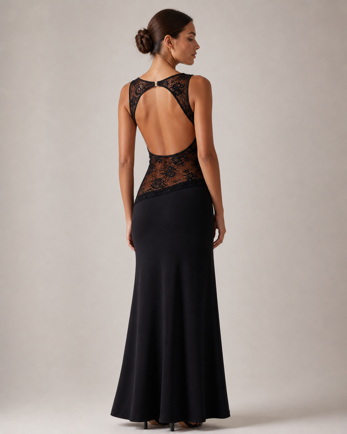 Black Stretch Jersey Maxi Dress with Lace Waist