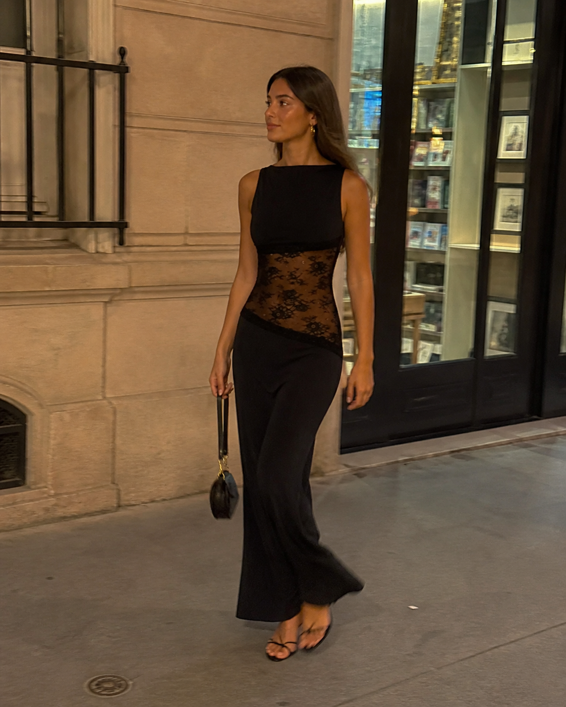 Black Stretch Jersey Maxi Dress with Lace Waist