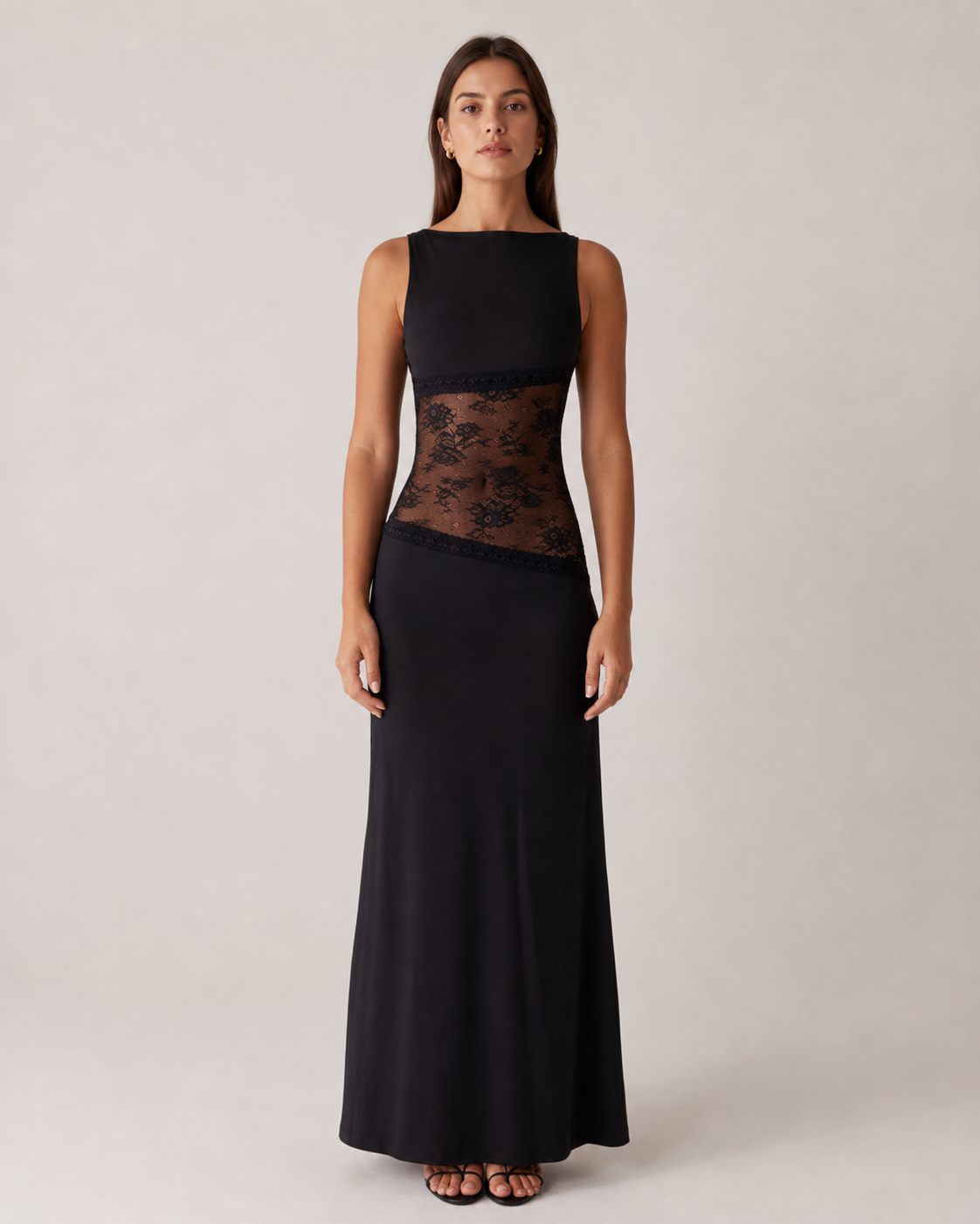 Black Stretch Jersey Maxi Dress with Lace Waist
