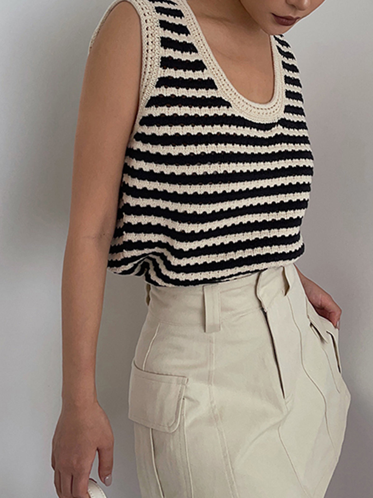 Black Striped Crochet Sweater Vest