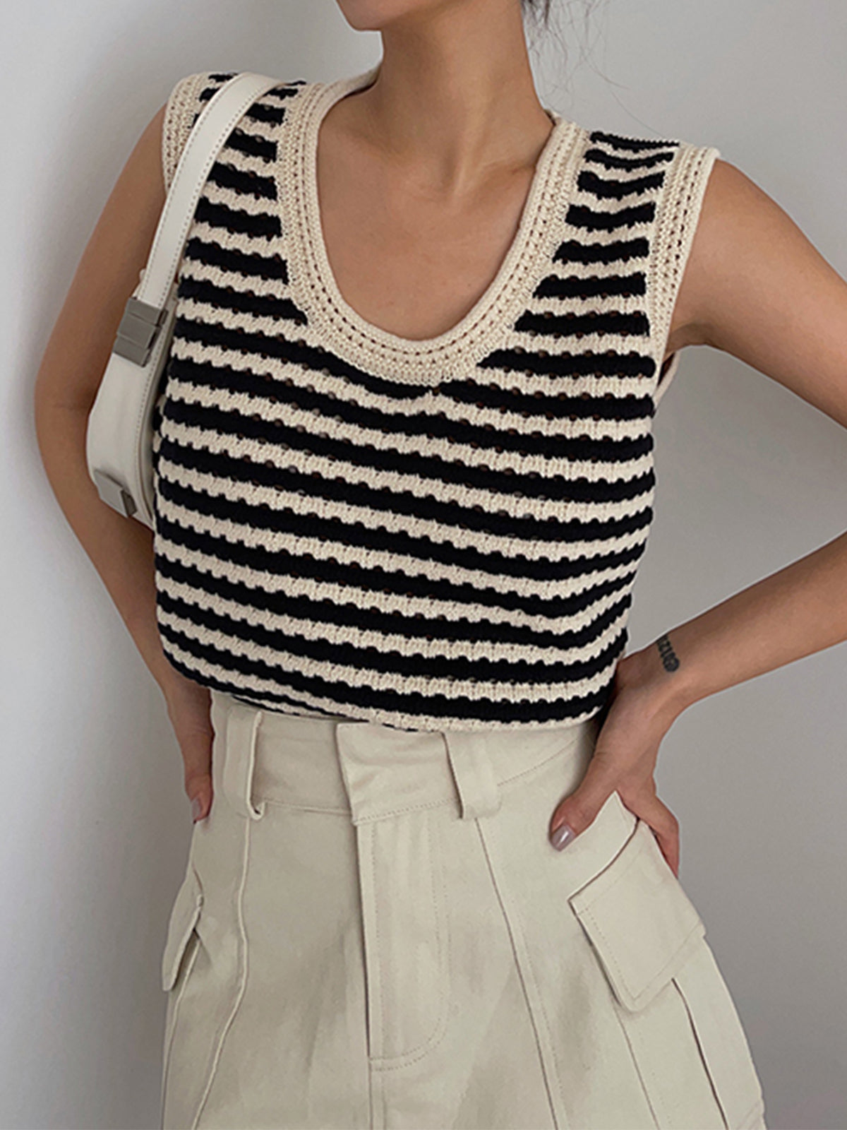 Black Striped Crochet Sweater Vest