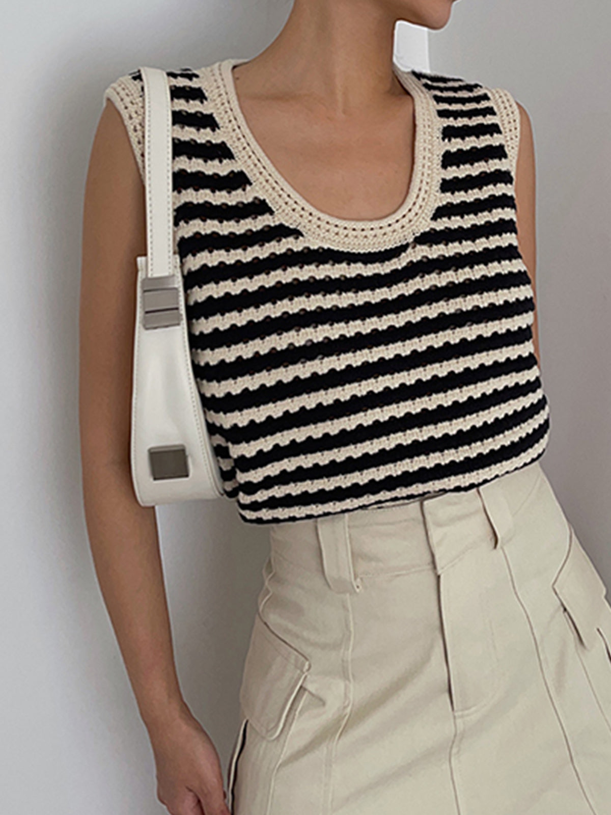 Black Striped Crochet Sweater Vest