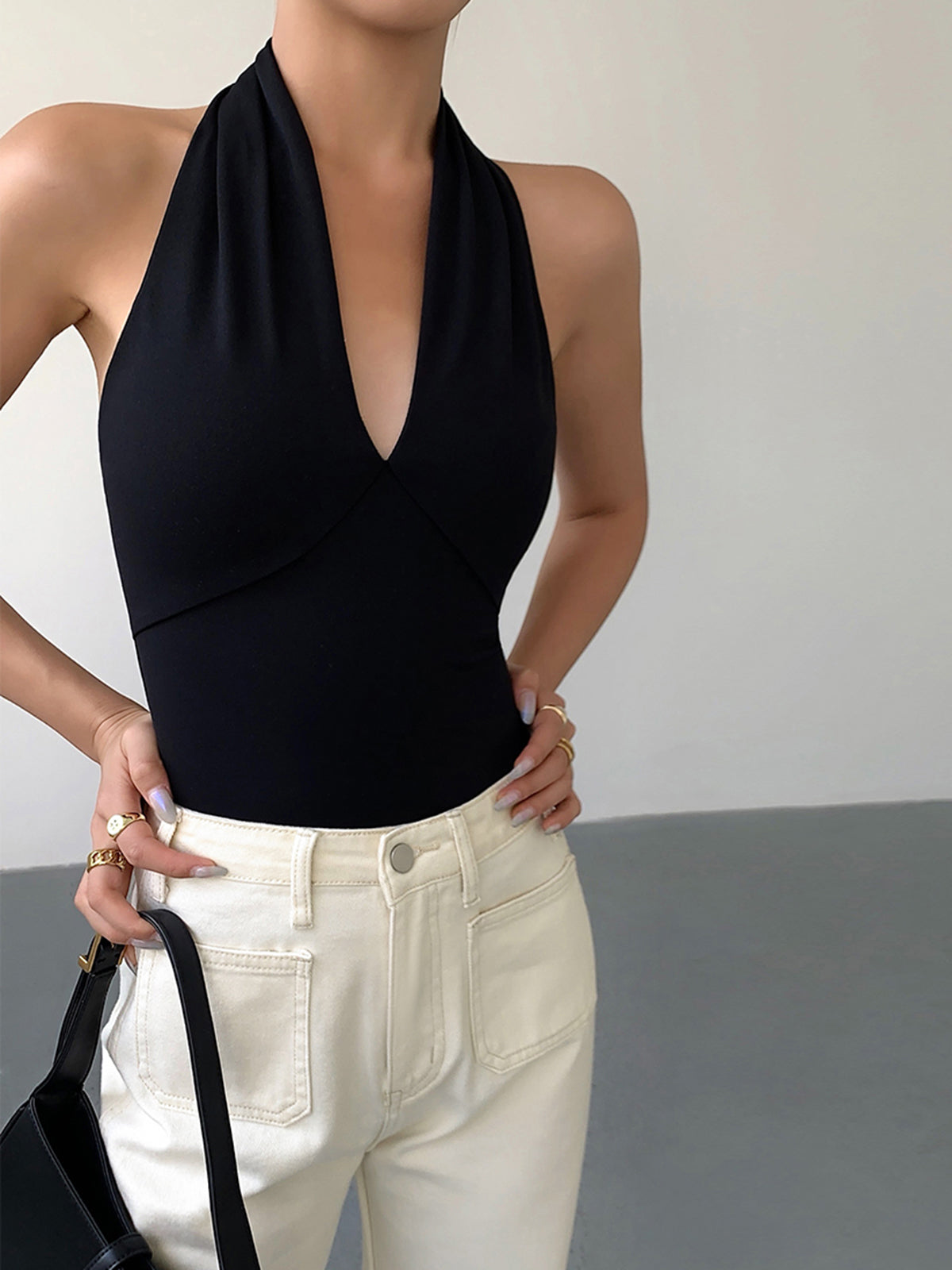 Black V-Neck Halter Tank Top with Open Back