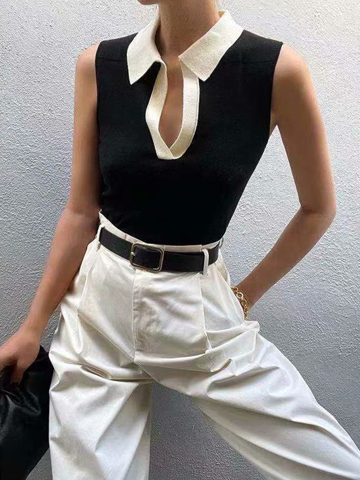 Black V-Neck Knit Sweater Vest with Contrast Trim