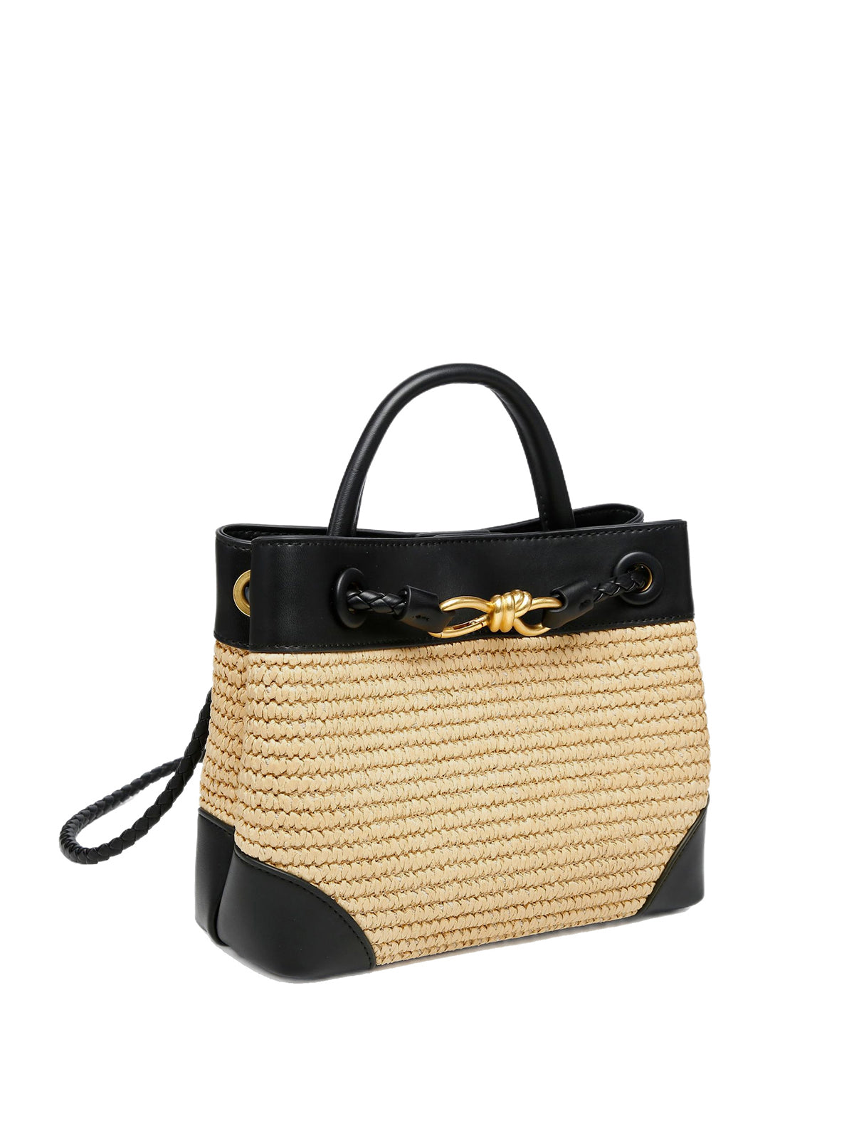 Black Woven Top Handle Handbag with Metal Detail