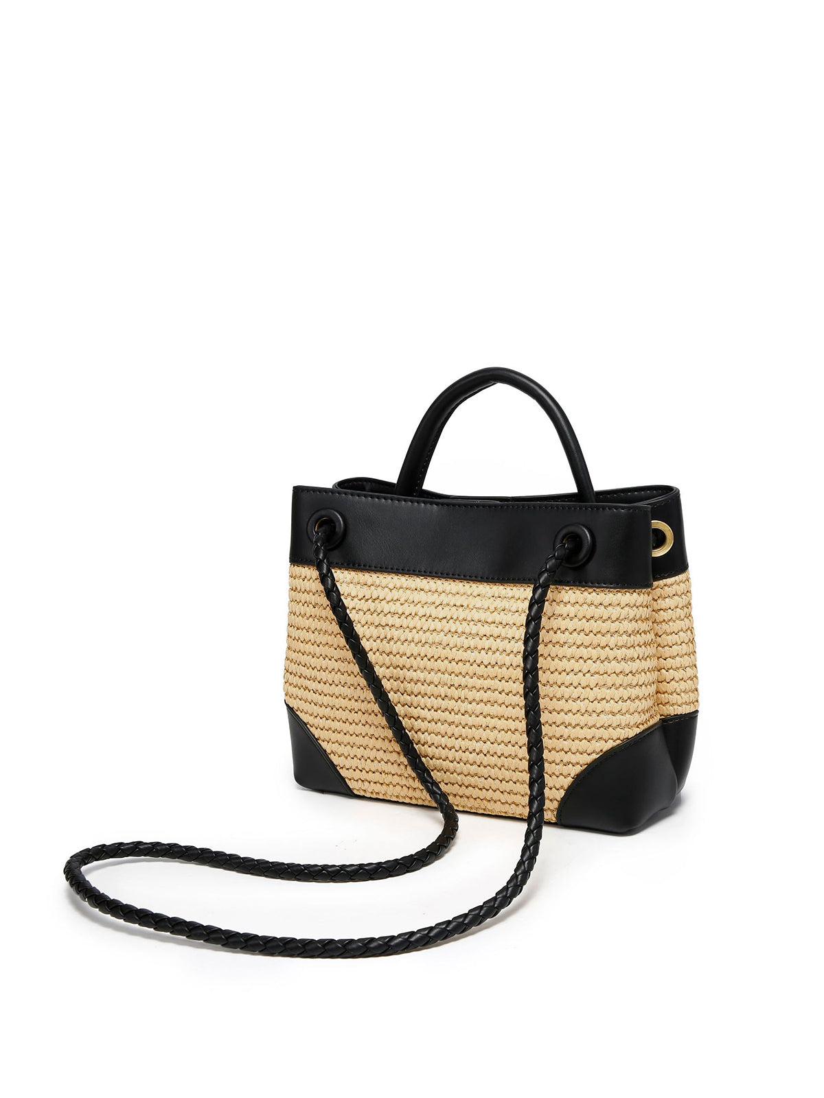 Black Woven Top Handle Handbag with Metal Detail