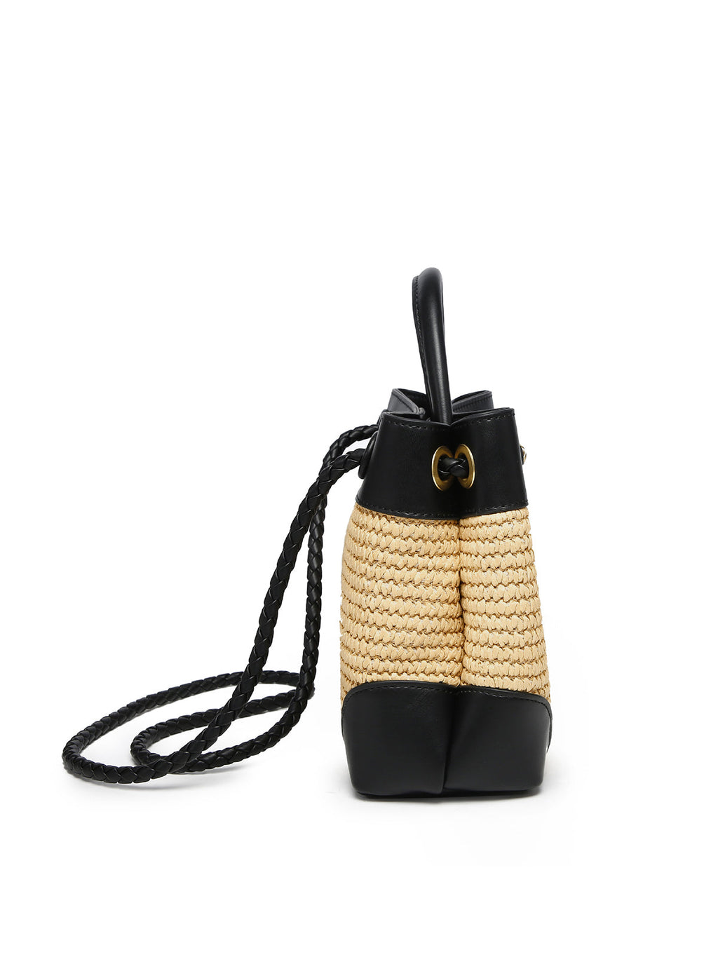 Black Woven Top Handle Handbag with Metal Detail