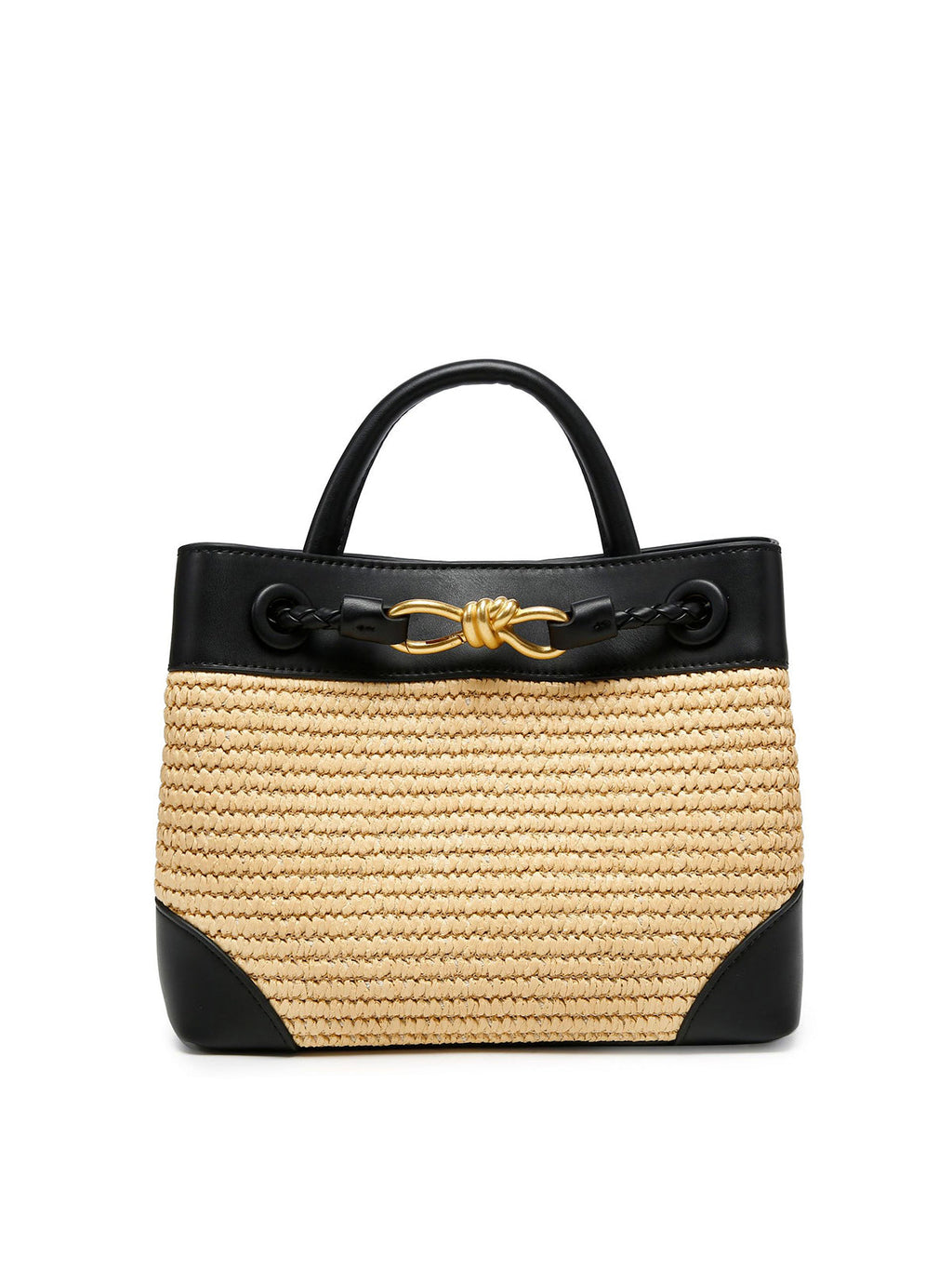 Black Woven Top Handle Handbag with Metal Detail