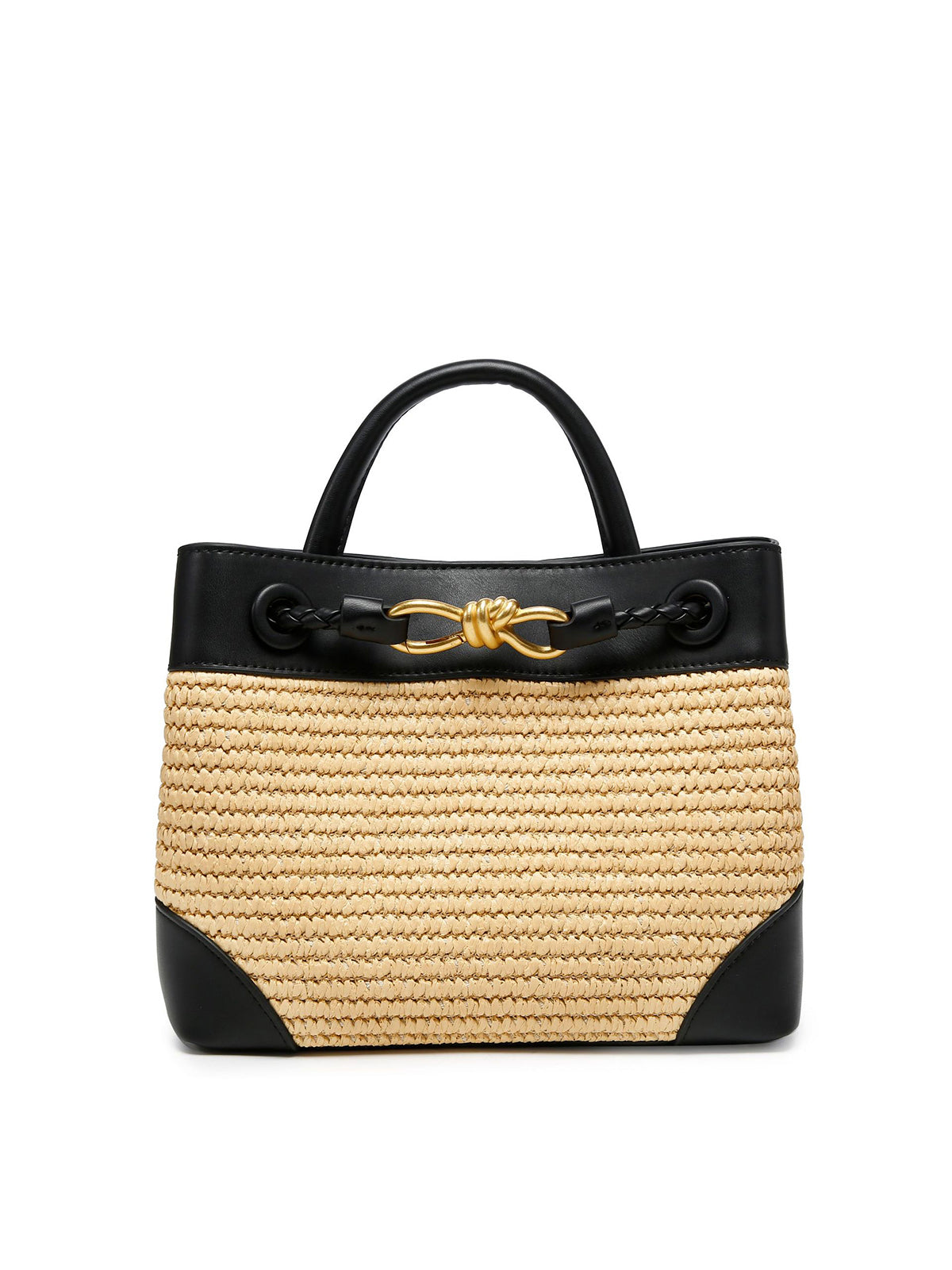 Black Woven Top Handle Handbag with Metal Detail