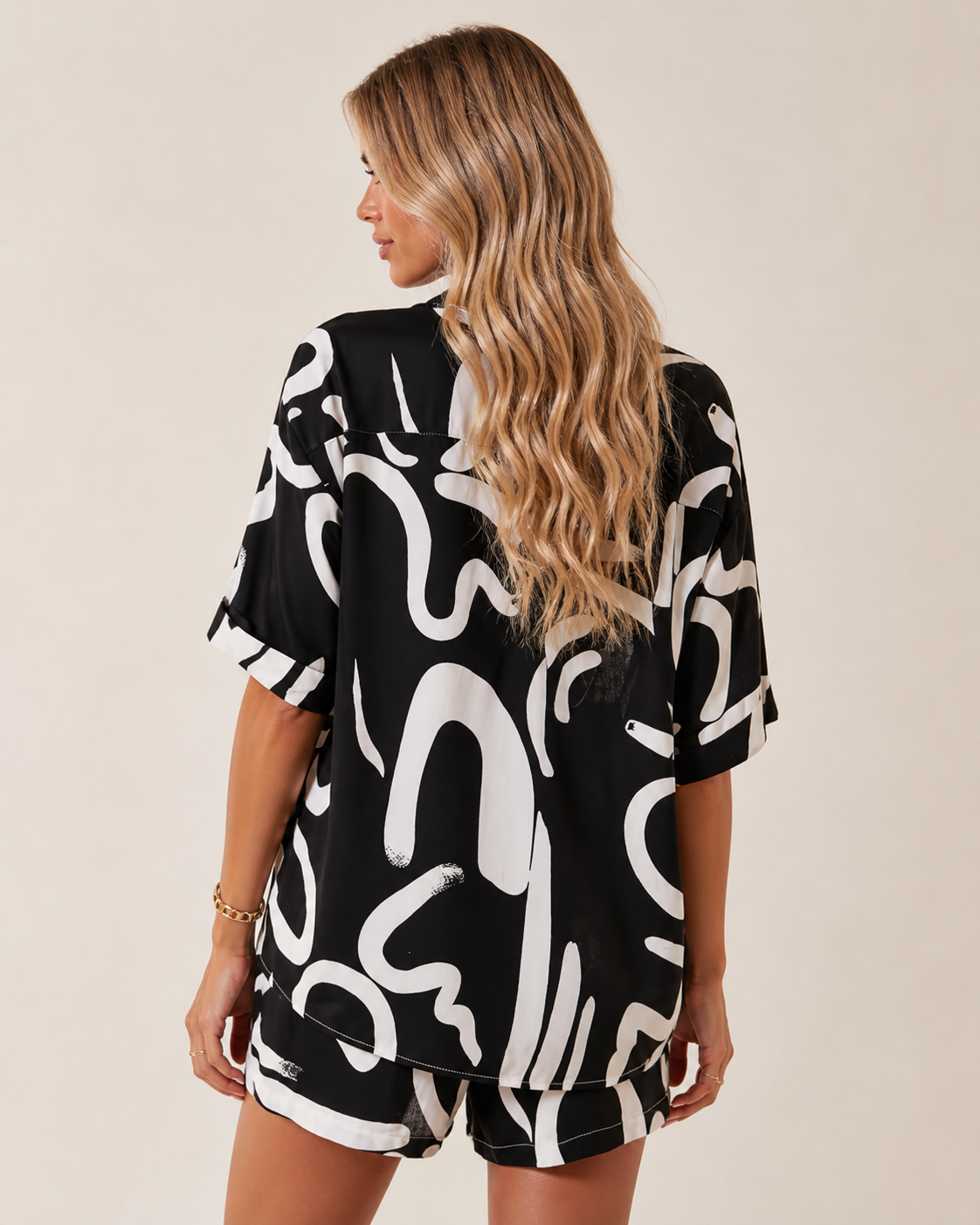 Black and White Print Short Sleeve Shirt and Shorts Set