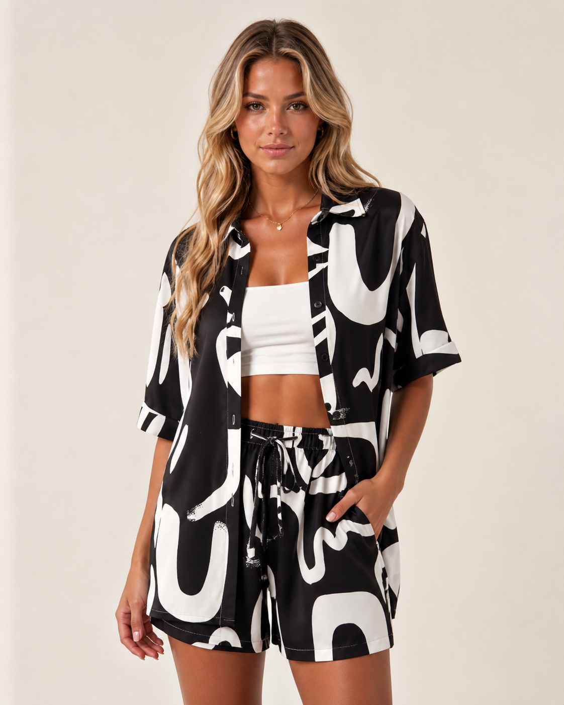 Black and White Print Short Sleeve Shirt and Shorts Set