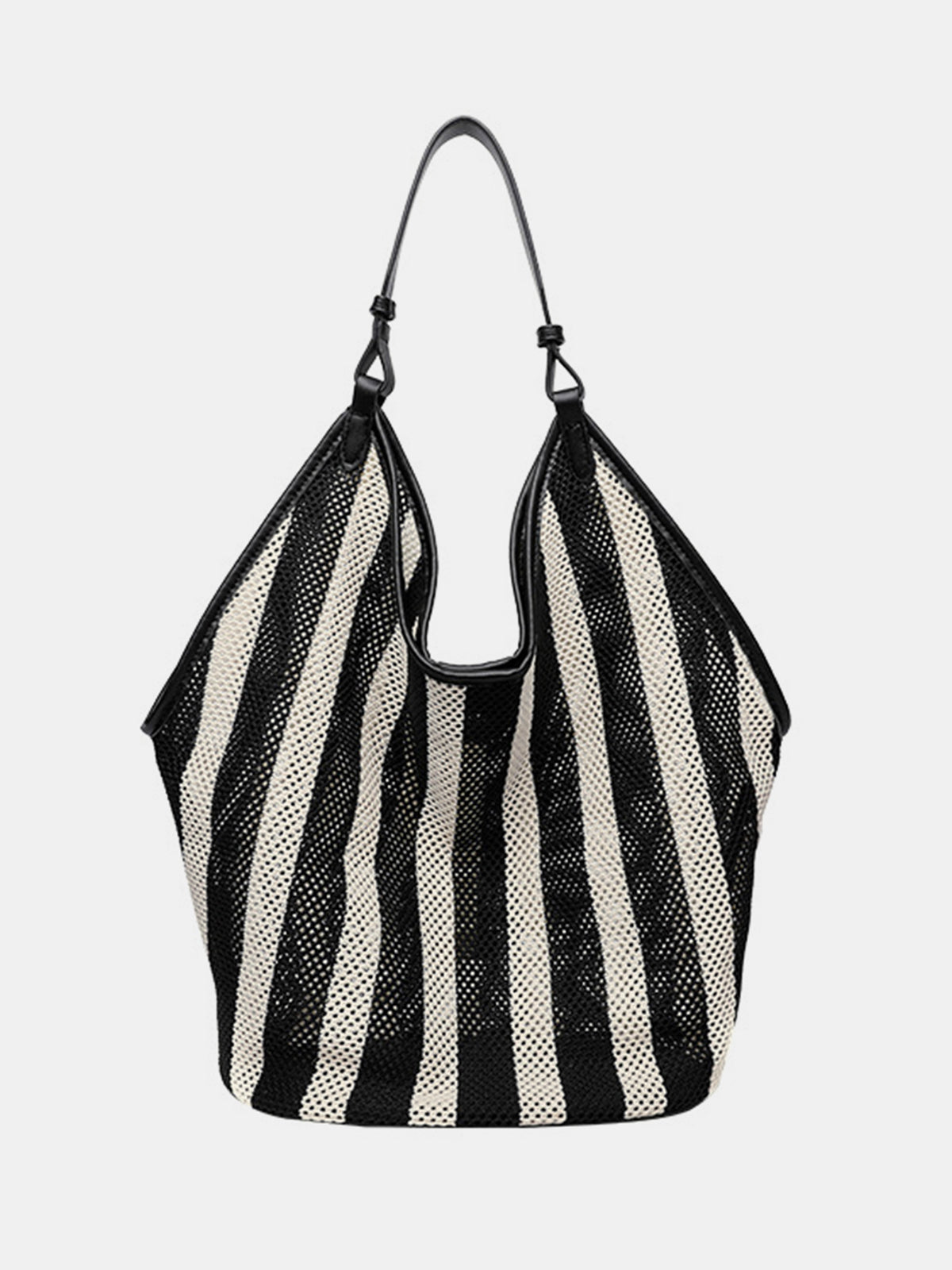 Black and White Striped Woven Mesh Hobo Bag
