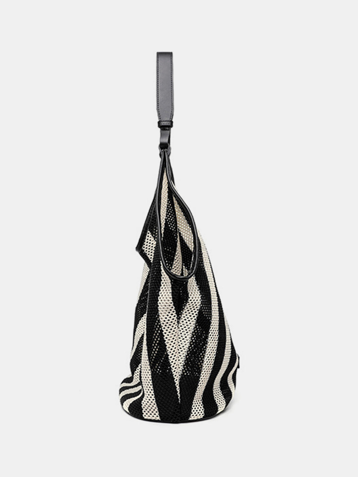 Black and White Striped Woven Mesh Hobo Bag