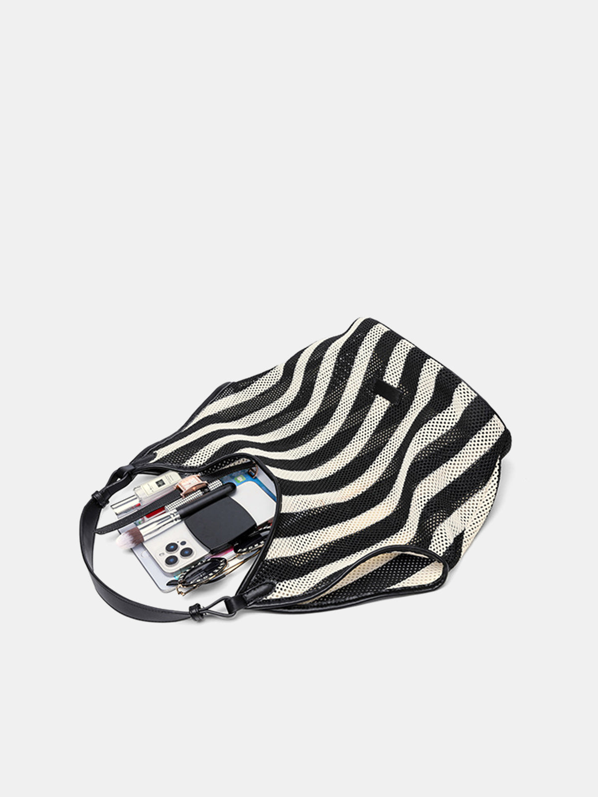 Black and White Striped Woven Mesh Hobo Bag