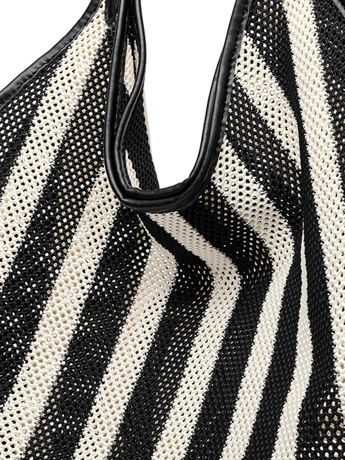 Black and White Striped Woven Mesh Hobo Bag
