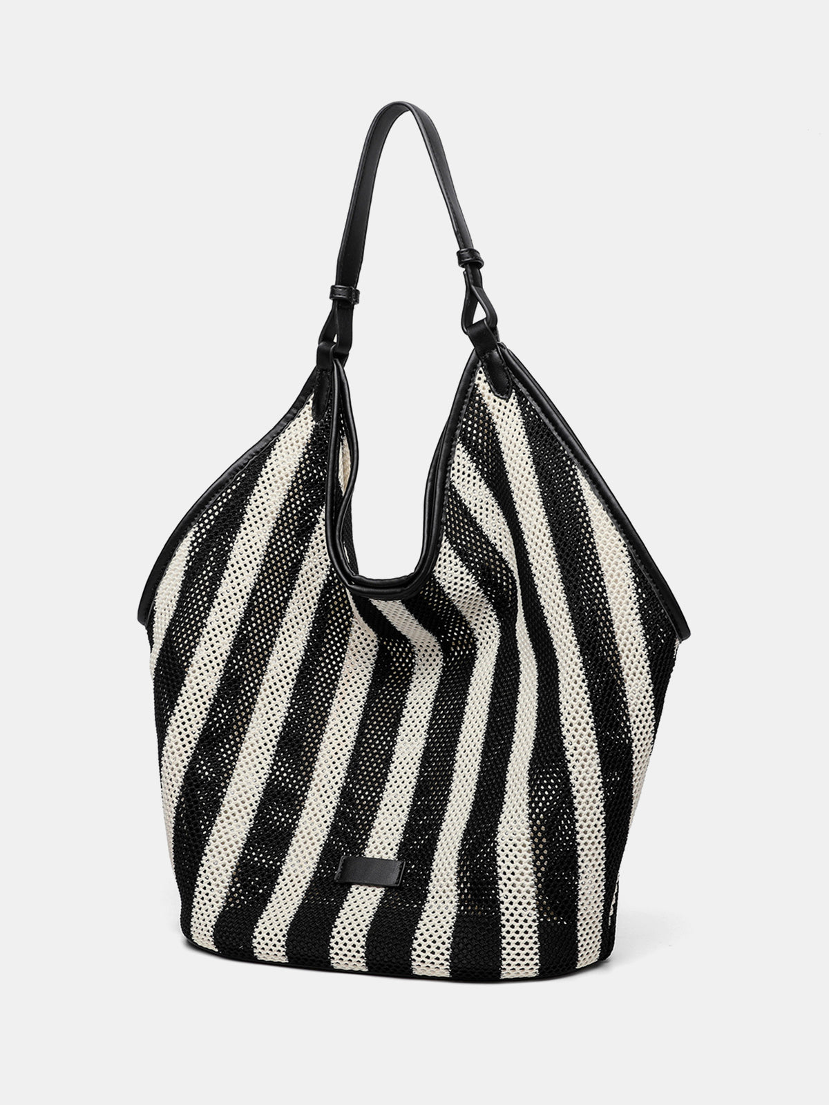 Black and White Striped Woven Mesh Hobo Bag