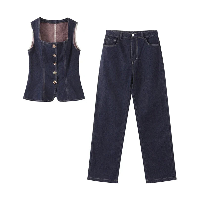 Blue Denim Square Neck Tank and High Waist Jeans Set