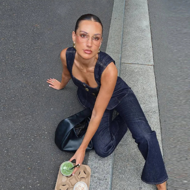 Blue Denim Square Neck Tank and High Waist Jeans Set