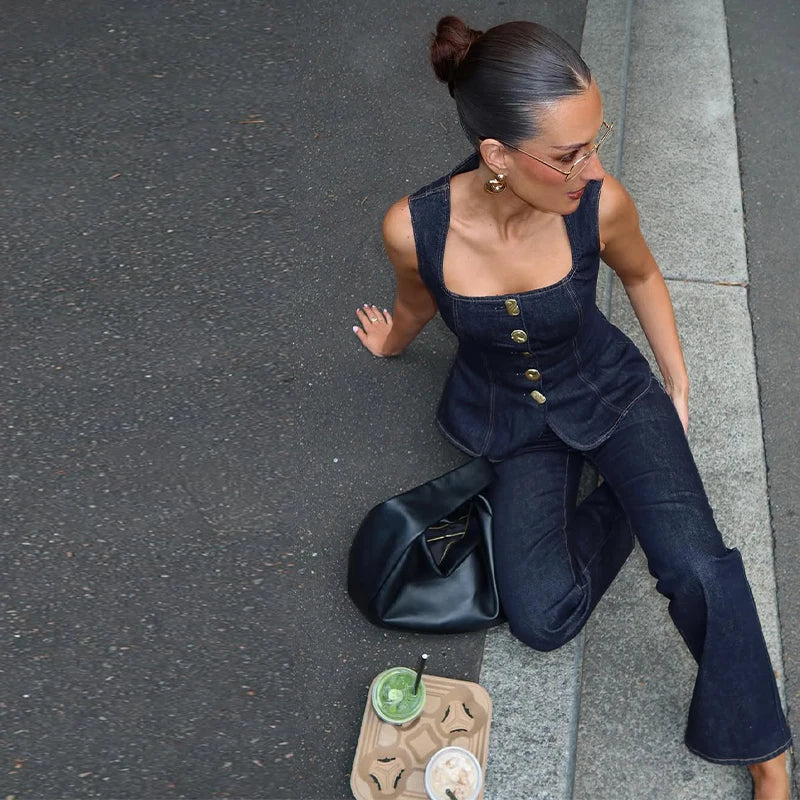 Blue Denim Square Neck Tank and High Waist Jeans Set